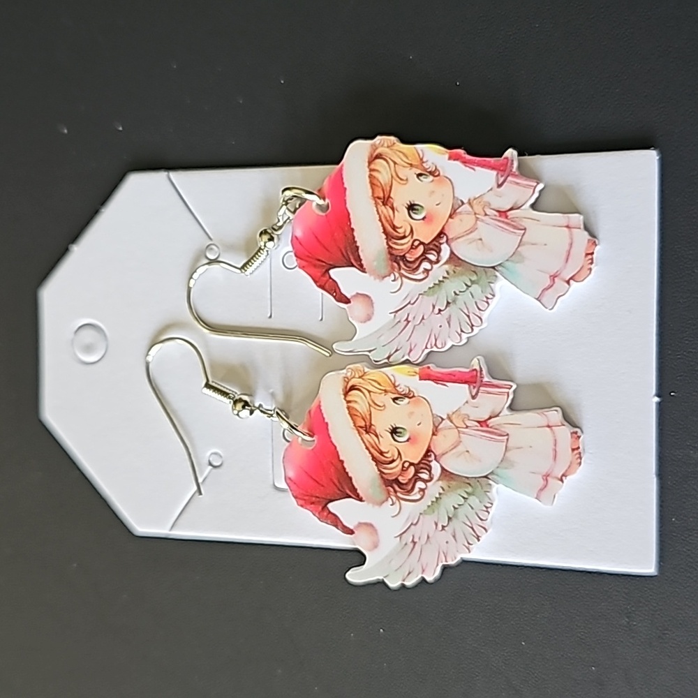 Christmas dangle earrings angel with Santa hat holding a candle